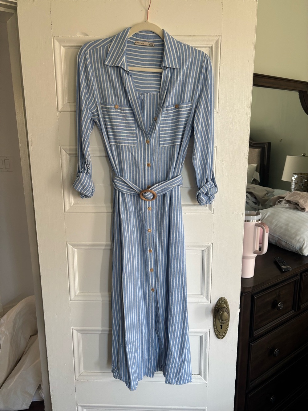 Black Tape_ Light Blue & White Striped Maxi Shirt Dress with Belt